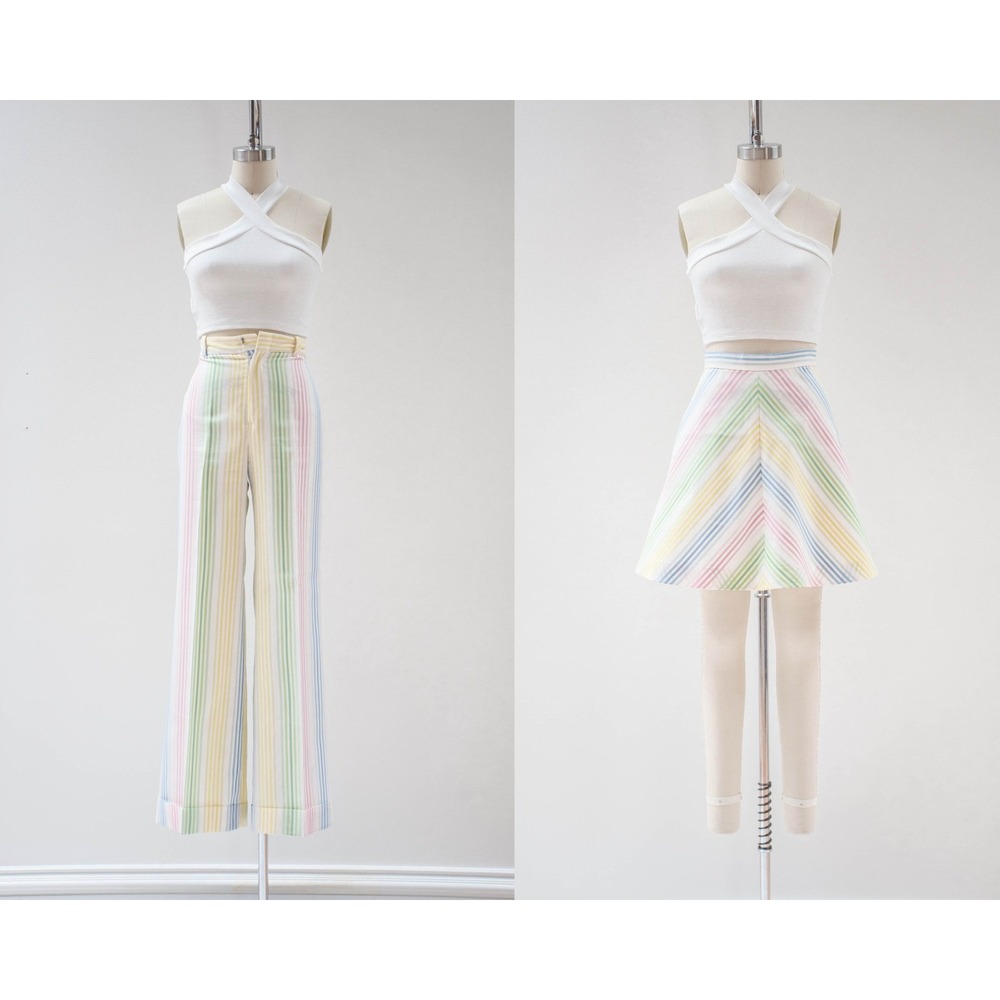 Ellen Tracy 70s Vintage Rainbow Striped Bell Bottom Pants & Skirt Set XS White